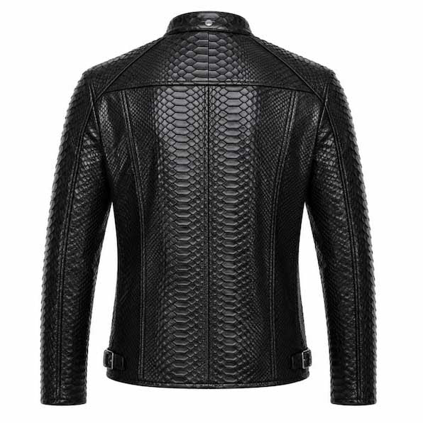 Men's Black Snake Pattern Leather Biker Jacket - Italian Handwax Leather Coat
