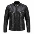 Men's Black Snake Pattern Leather Biker Jacket - Italian Handwax Leather Coat