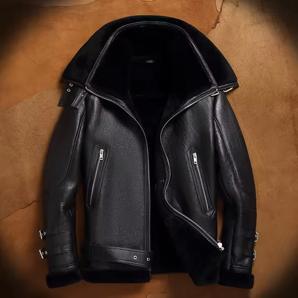 Men's Black Convertible Storm-Collar Moto B-3 Shearling Jacket