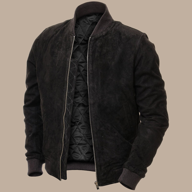 Mens Black Suede Bomber Jacket