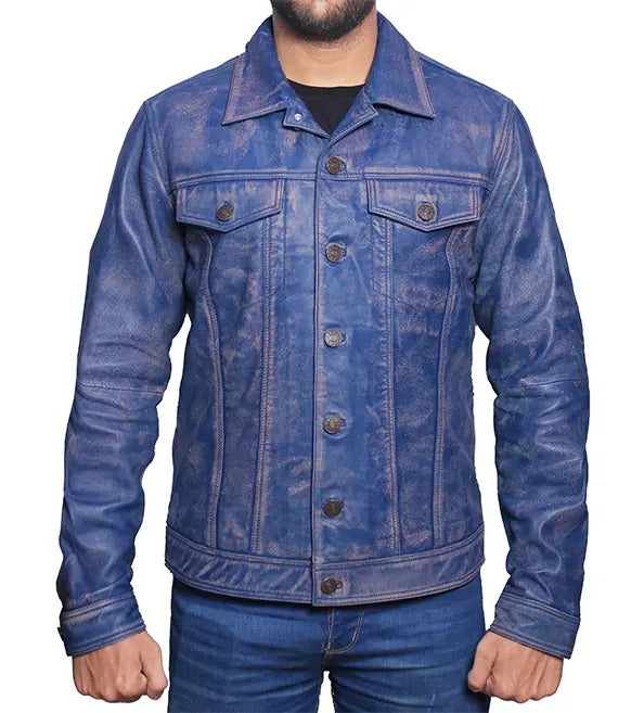 Men’s Distressed Blue Trucker Leather Jacket