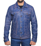 Men’s Distressed Blue Trucker Leather Jacket