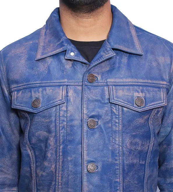 Men’s Distressed Blue Trucker Leather Jacket