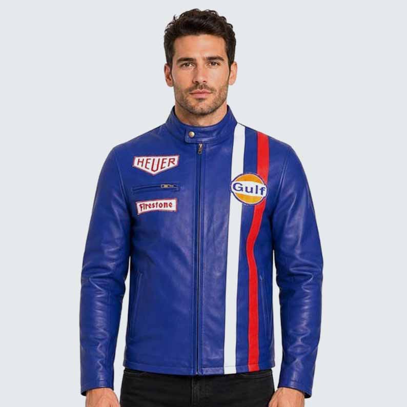 Men's Blue Genuine Leather Racing Jacket with Retro Motorsport Cafe Racer Style