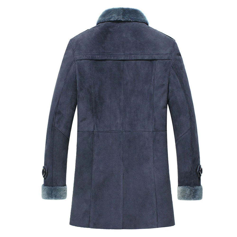 Men's Blue Shearling Leather Coat – Genuine Sheepskin Lined Winter Coat