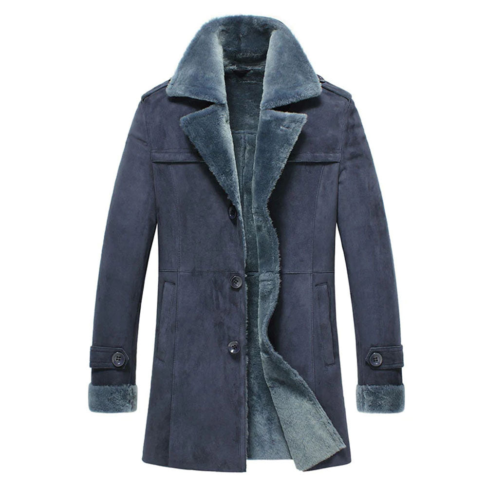 Men's Blue Shearling Leather Coat – Genuine Sheepskin Lined Winter Coat