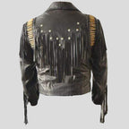 Men's Bluish Black Leather Western Cowboy Jacket - Fringe Bones