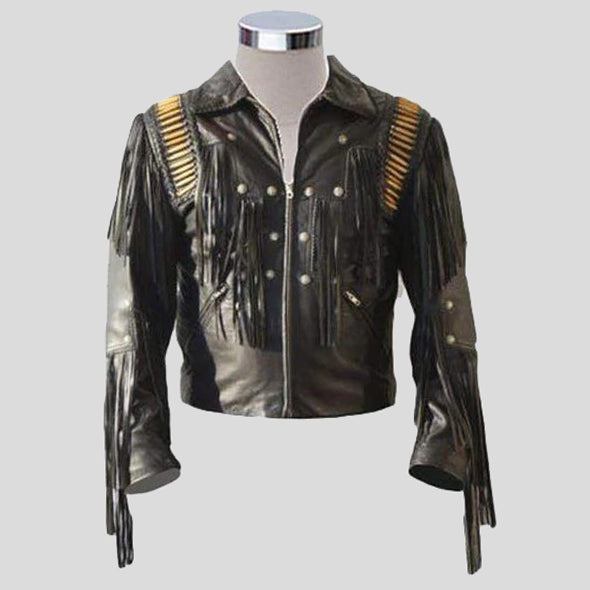 Men's Bluish Black Leather Western Cowboy Jacket - Fringe Bones