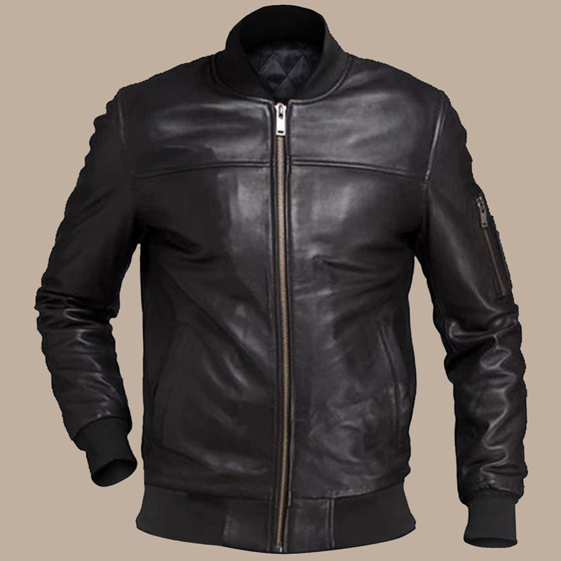 Mens Biker Black Bomber Jacket
