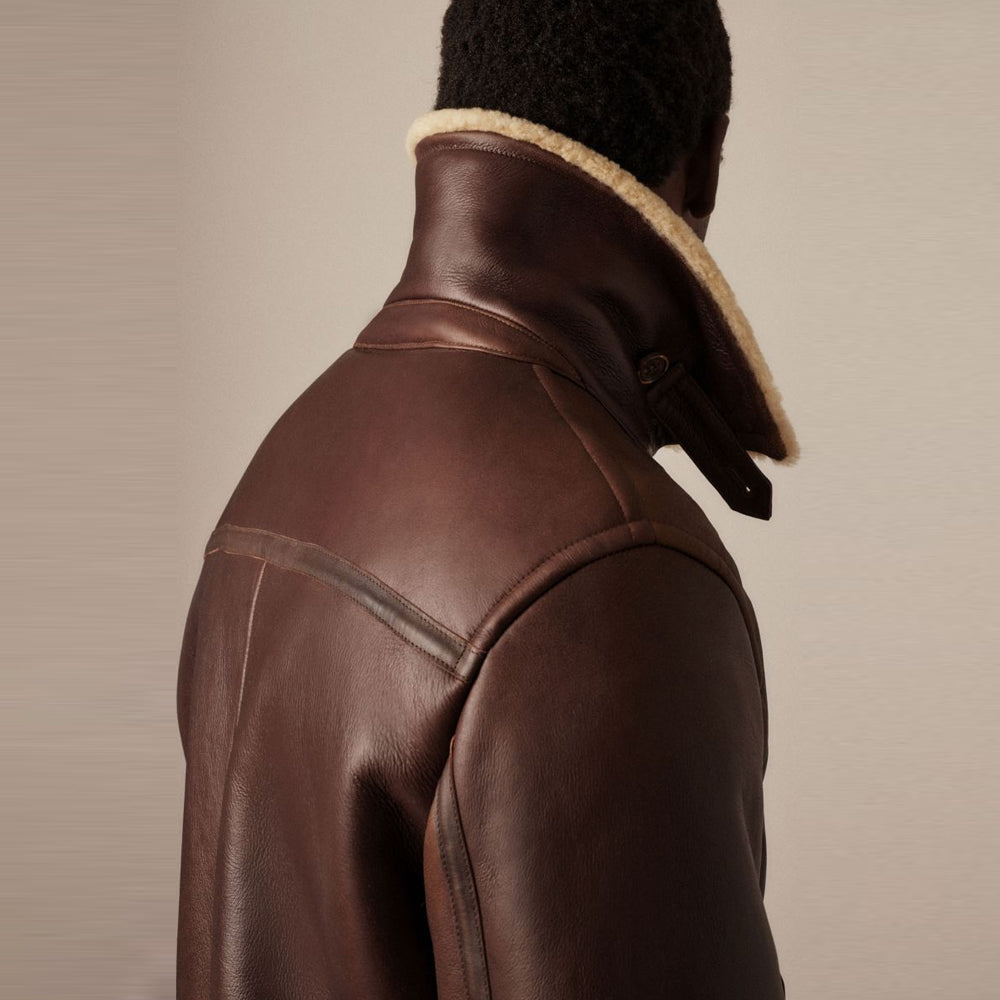 Men's Espresso Brown Double-Face Shearling Aviator Flight Jacket