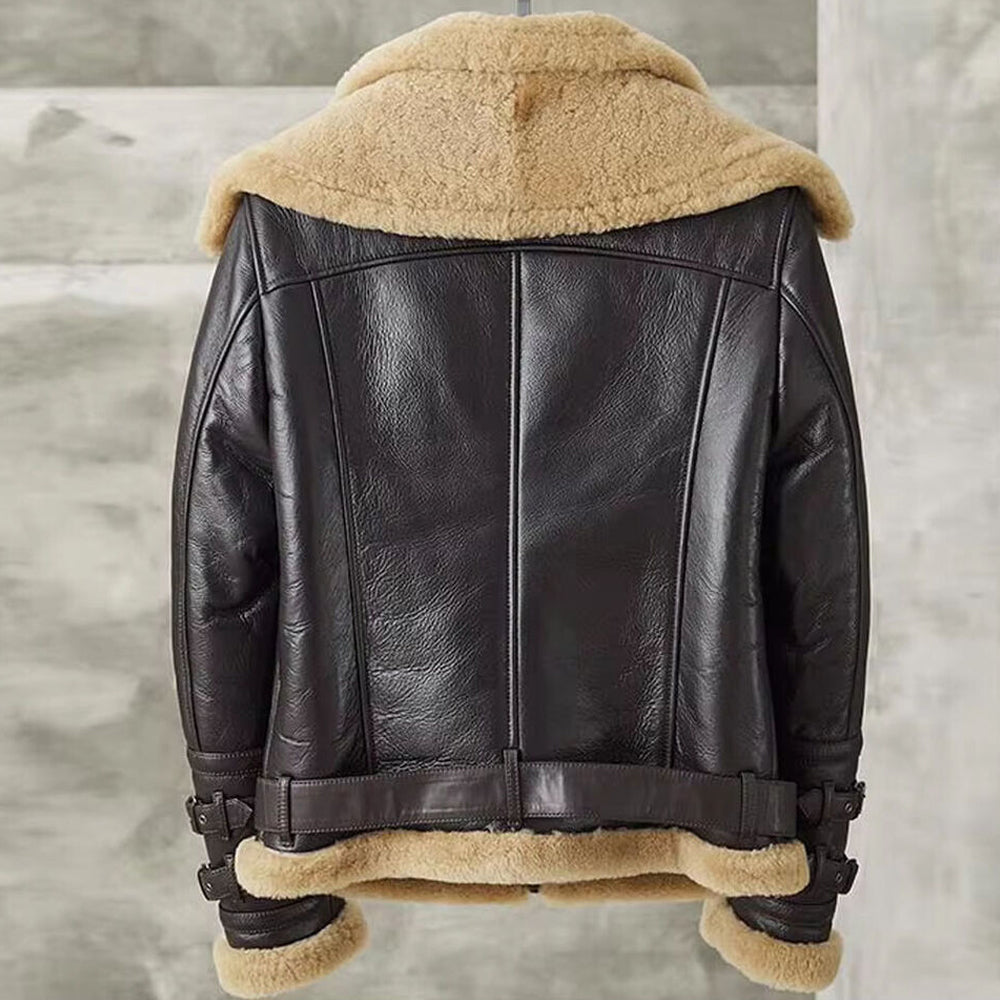 Men's Espresso Brown Belted B-3 RAF Shearling Leather Aviator Jacket