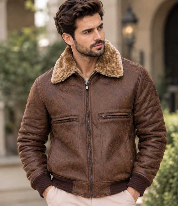 Men’s Brown Genuine Cowhide Leather Bomber Jacket with Shearling Collar