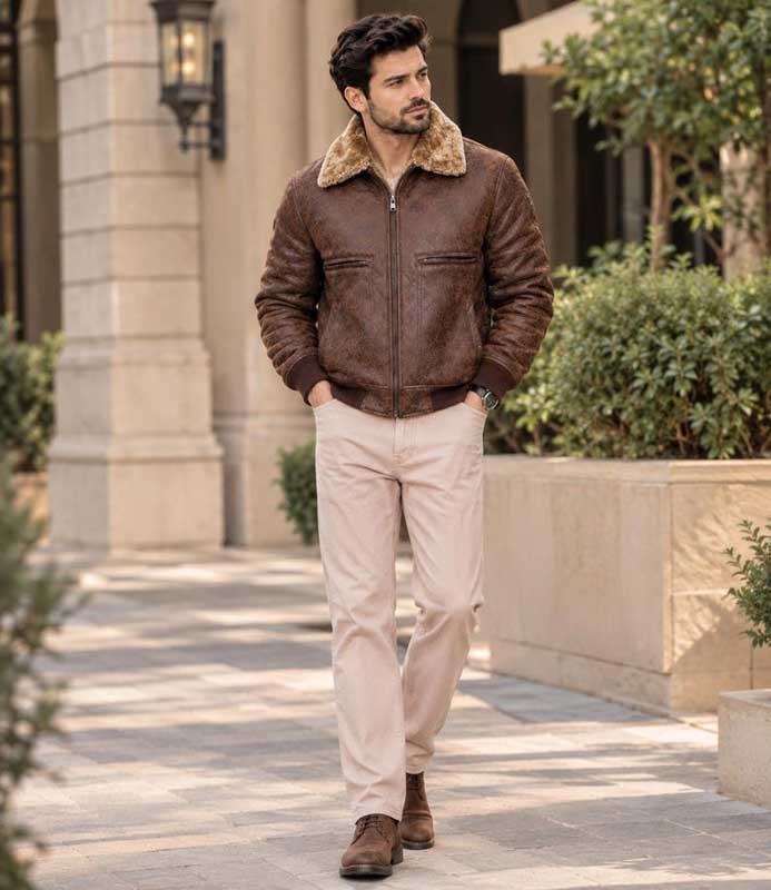 Men’s Brown Genuine Cowhide Leather Bomber Jacket with Shearling Collar