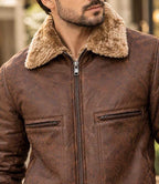 Men’s Brown Genuine Cowhide Leather Bomber Jacket with Shearling Collar