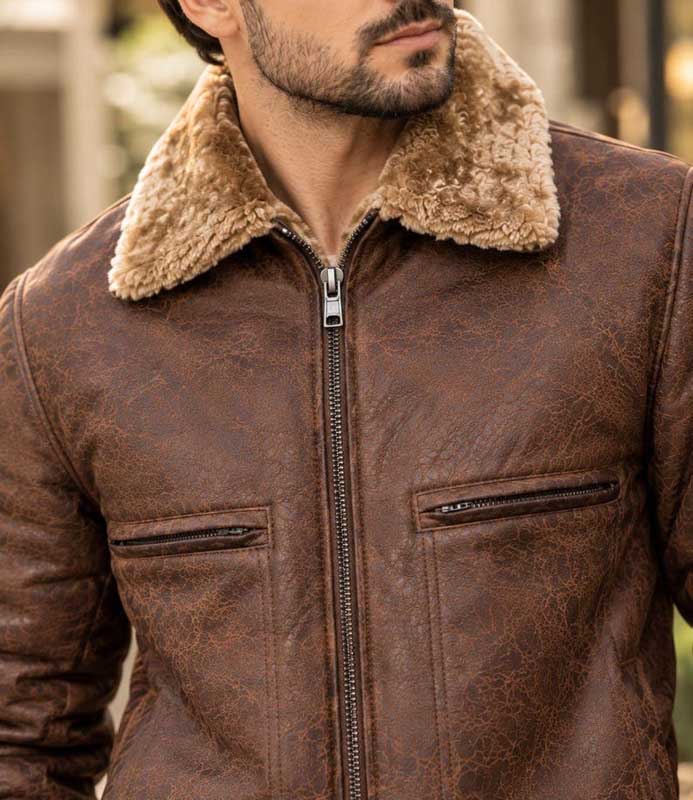 Men’s Brown Genuine Cowhide Leather Bomber Jacket with Shearling Collar