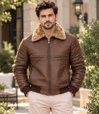 Men’s Brown Genuine Cowhide Leather Bomber Jacket with Shearling Collar