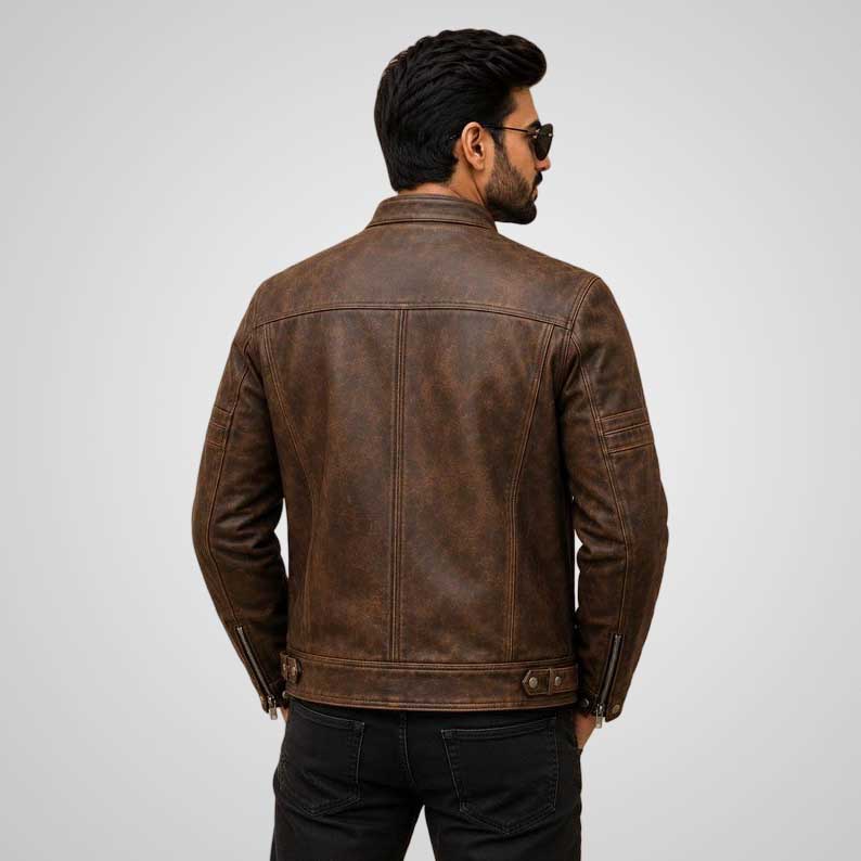 Men's Brown Distressed Leather Jacket - Genuine Leather Cafe Racer Motorcycle Coat