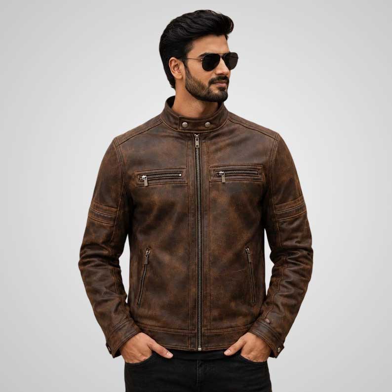 Men's Brown Distressed Leather Jacket - Genuine Leather Cafe Racer Motorcycle Coat