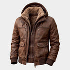 Men's Distressed Brown Leather Bomber Jacket with Faux Fur Hood in Aviator Style