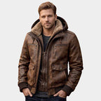 Men's Distressed Brown Leather Bomber Jacket with Faux Fur Hood in Aviator Style