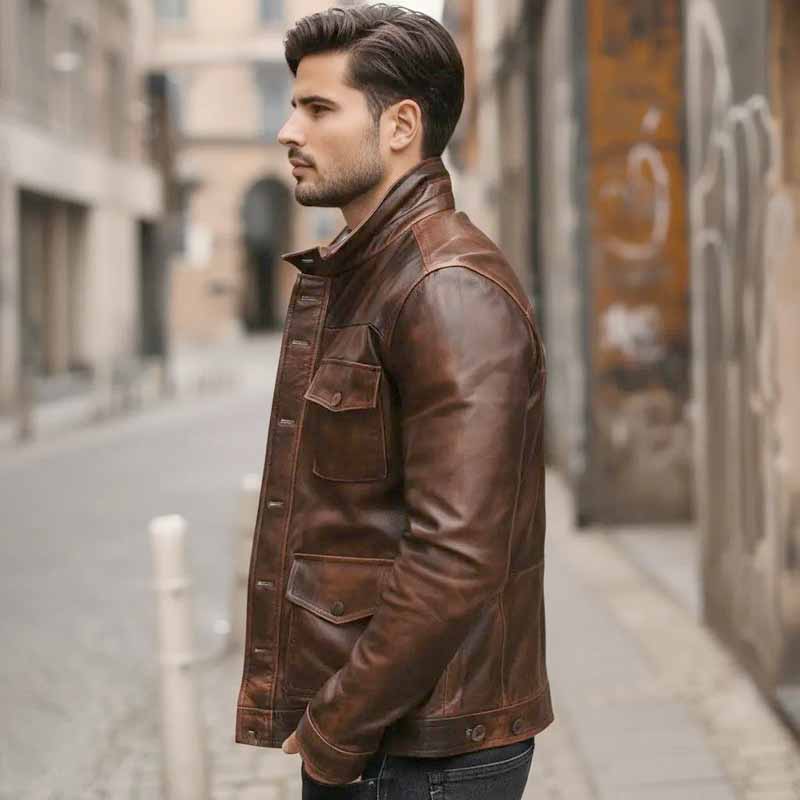 Men's Brown Leather Trucker Jacket | Vintage Full Grain Leather Motorcycle Coat