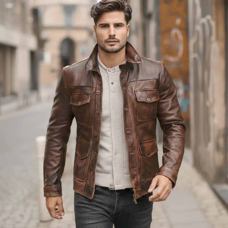 Men's Brown Leather Trucker Jacket | Vintage Full Grain Leather Motorcycle Coat