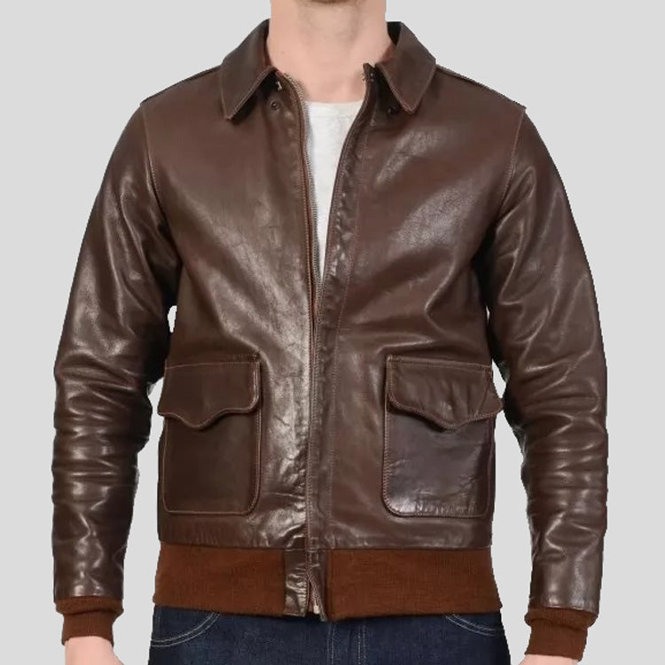 Men's Brown Real Leather Bomber Flight Jacket