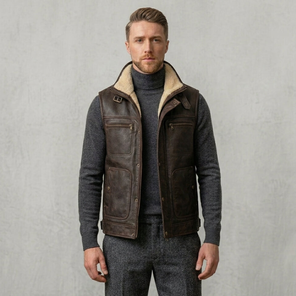 Men Premium Genuine Shearling Leather Vest - B3 Aviator Biker Style