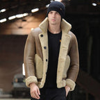 Men's Camel Button-Front Shearling Trapper Jacket