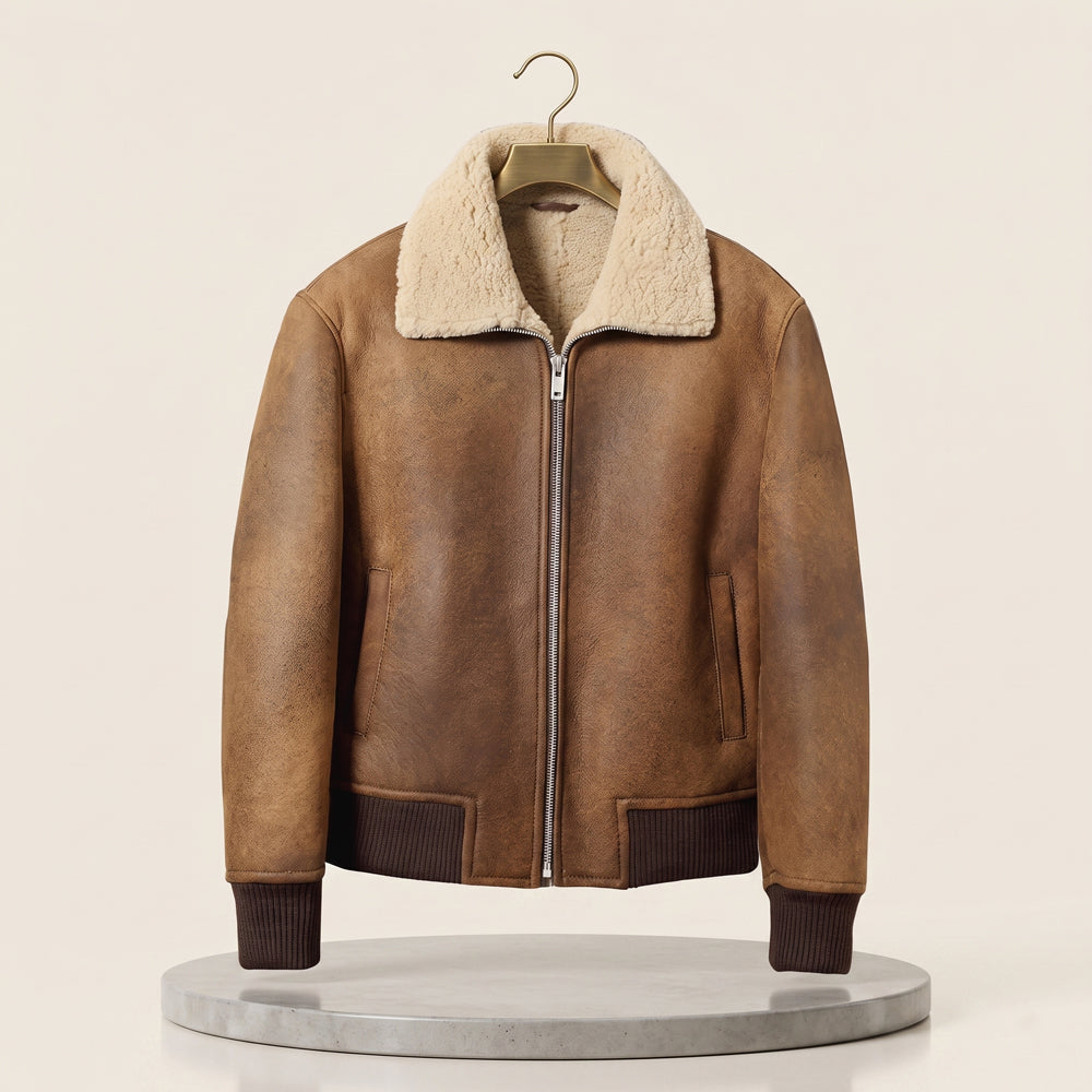 Men's Camel Distressed Shearling Flight Bomber Jacket with Ribbed Trims