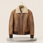 Men's Camel Distressed Shearling Flight Bomber Jacket with Ribbed Trims