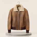 Men's Camel Distressed Shearling Flight Bomber Jacket with Ribbed Trims