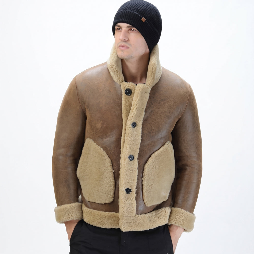 Men's Camel Button-Front Shearling Trapper Jacket