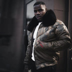 Goose Country Camo Leather V-Bomber Jacket with Fox Fur