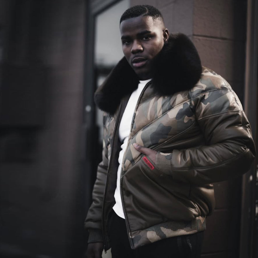 Goose Country Camo Leather V-Bomber Jacket with Fox Fur