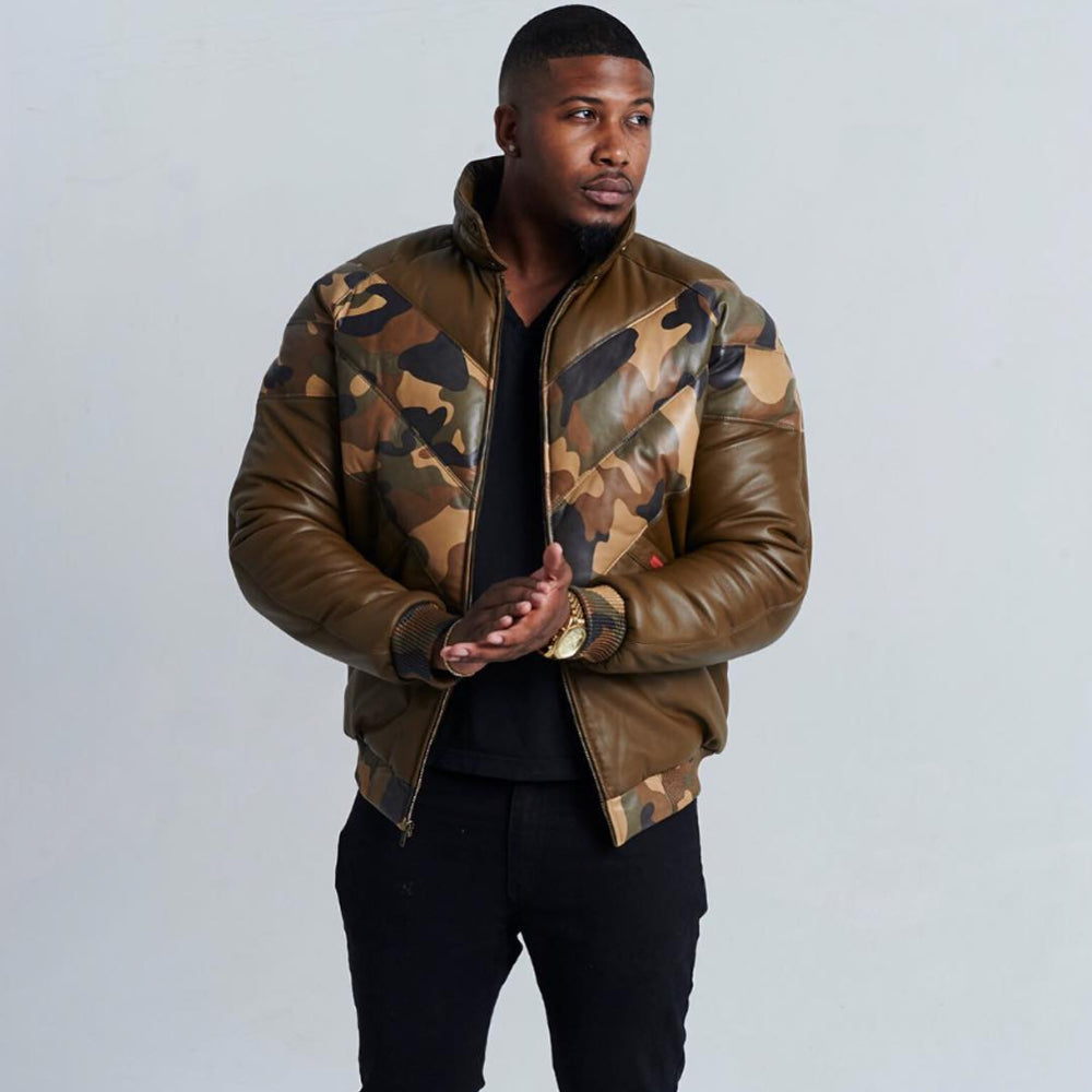 Goose Country Camo Leather V-Bomber Jacket with Fox Fur