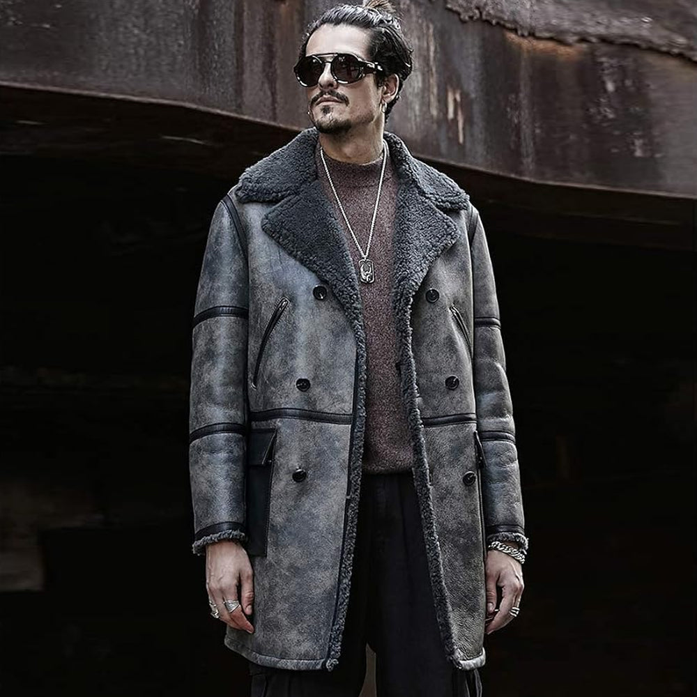 Men's Distressed Grey Lambskin Shearling Trench Coat