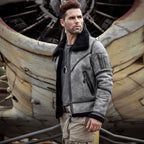 Men’s Grey Distressed B3 Shearling Aviator Jacket