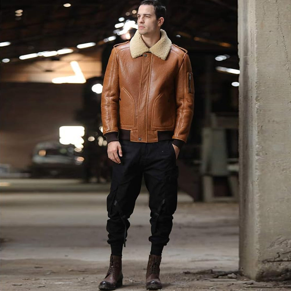 Men's Cognac Brown Shearling B-3 Flight Bomber Jacket – RAF Aviator Style