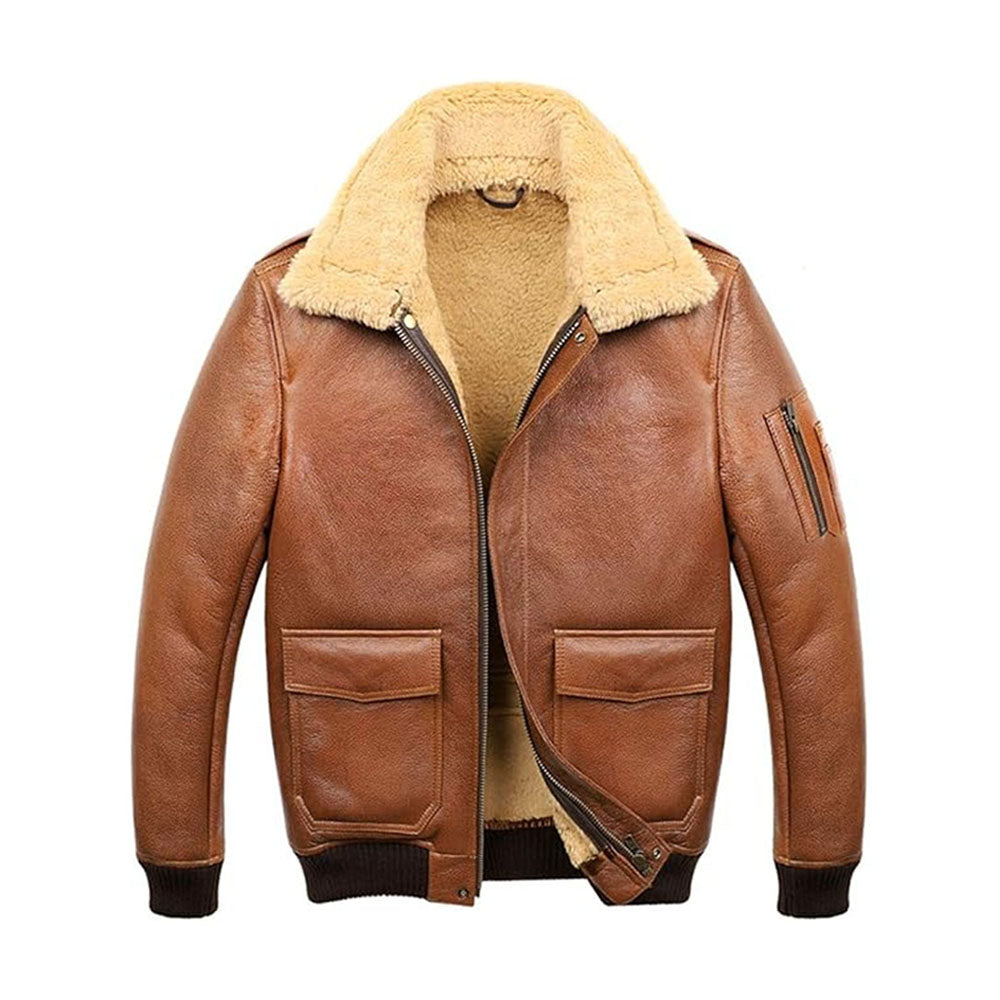 Men's Cognac Shearling Ribbed Aviator Leather Bomber Jacket