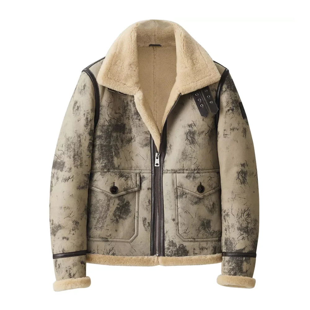 Men's Distressed Crackle Wash B-3 Shearling Aviator Flight Jacket