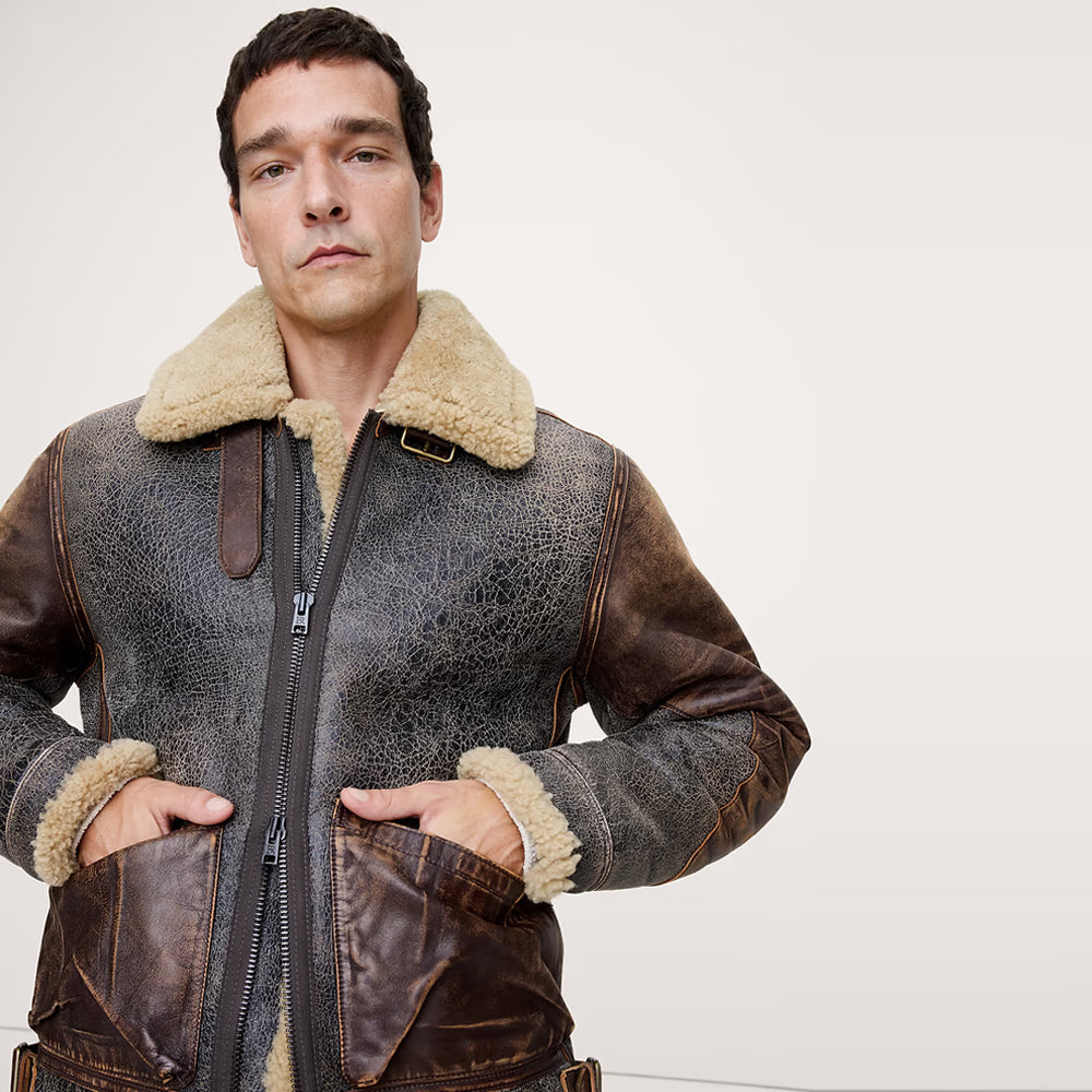 Distressed Crackled B-3 Flight Jacket in Vintage Brown Leather