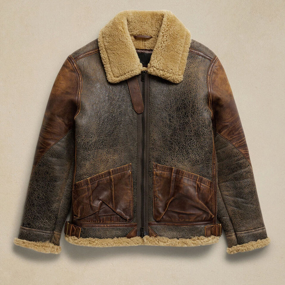 Distressed Crackled B-3 Flight Jacket in Vintage Brown Leather