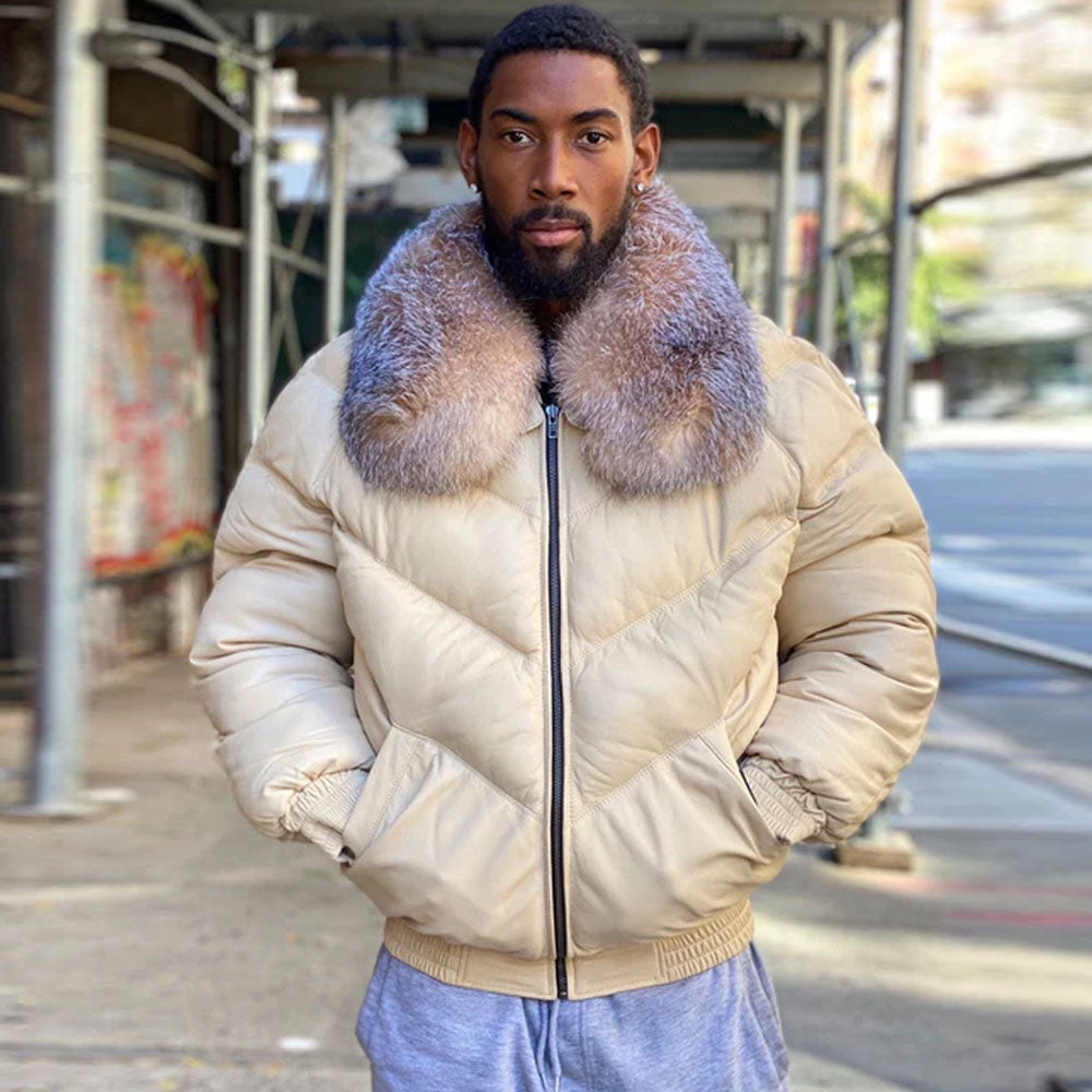 Men's Cream Leather V-Bomber Jacket | Natural Crystal Fox Fur