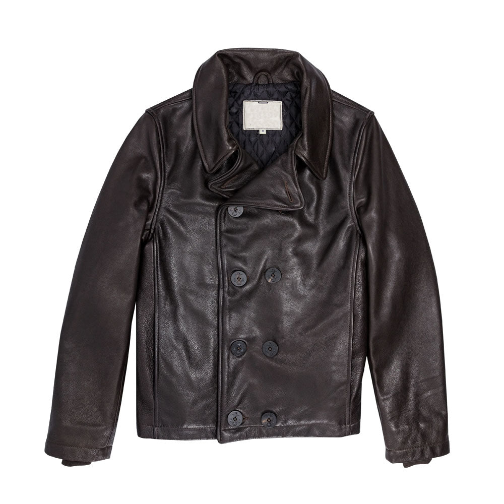 Men's Dark Brown Leather Pea Coat Bomber Jacket