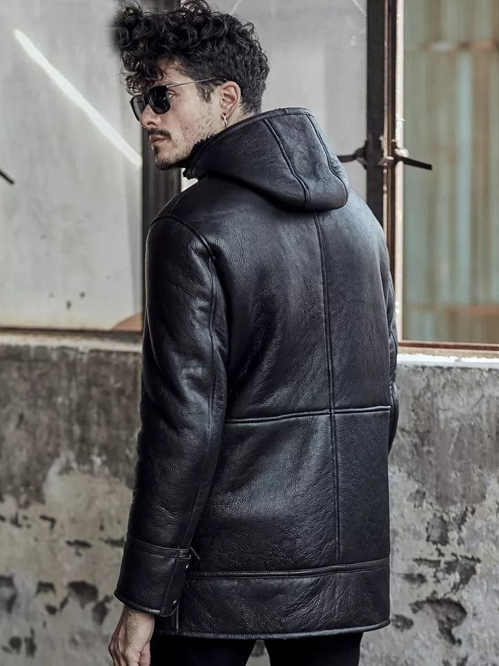 Men's Black Fur Shearling Leather Coat with Hood - Luxurious & Warm