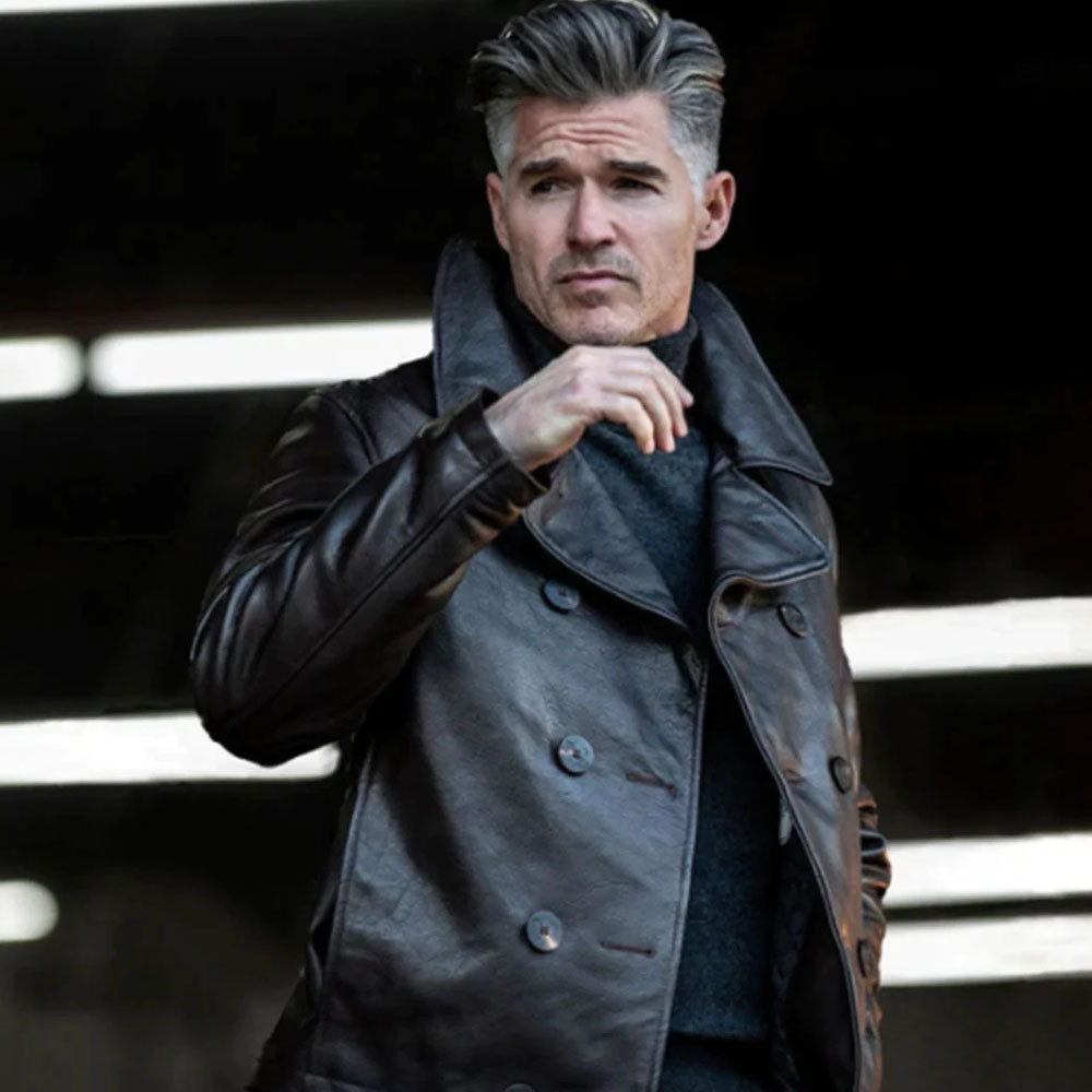 Men's Dark Brown Leather Pea Coat Bomber Jacket