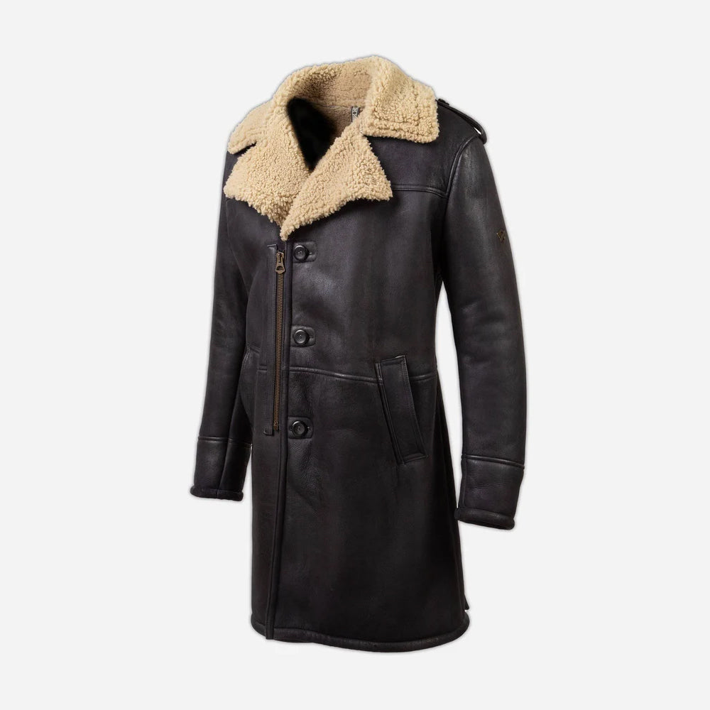 Men's Dark Brown Notch Collar Shearling Officer Coat