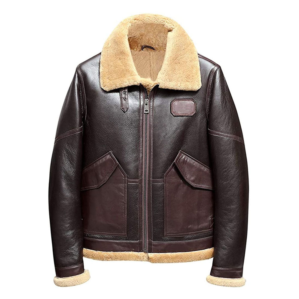 Men's Dark Espresso Lambskin Shearling Aviator Flight Coat with Angled Cargo Pockets