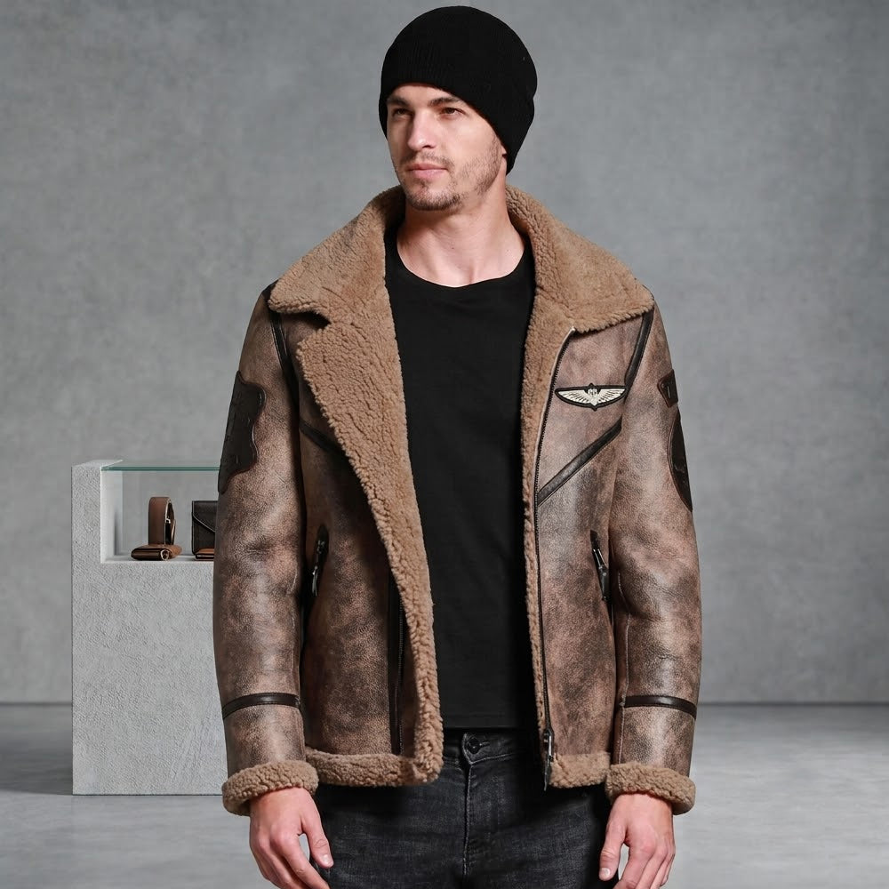 Men's Distressed Waxed Brown B-3 Flyer's Jacket with Military Patches